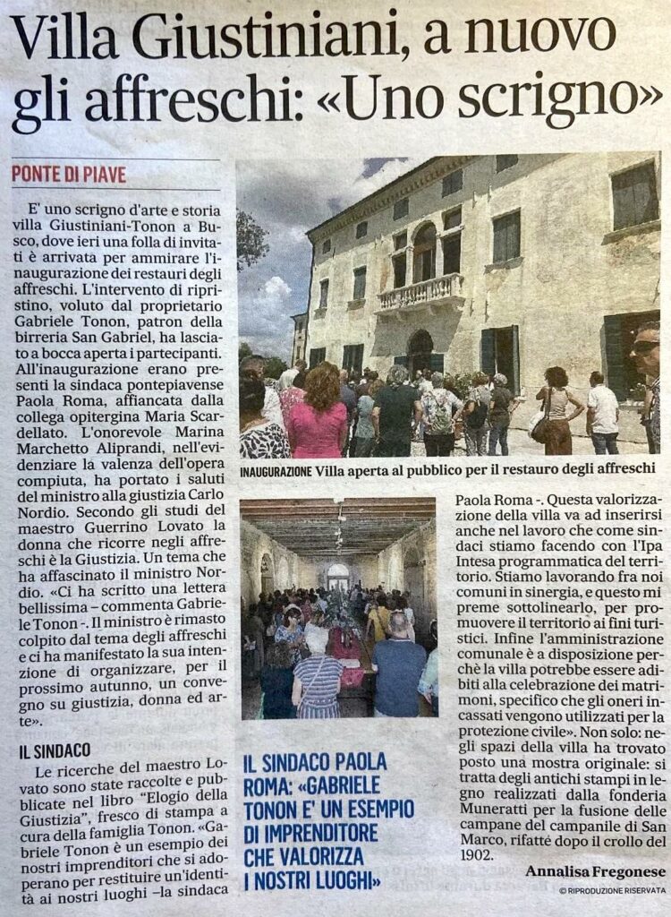Inaugurazione di Villa Giustiniani-Tonon nell'articolo de Il Gazzettino di Treviso del 17 giugno 2024.